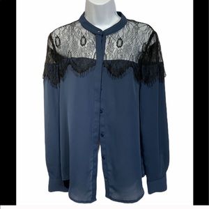 LC Lauren Conrad blue blouse w/ black lace trim M